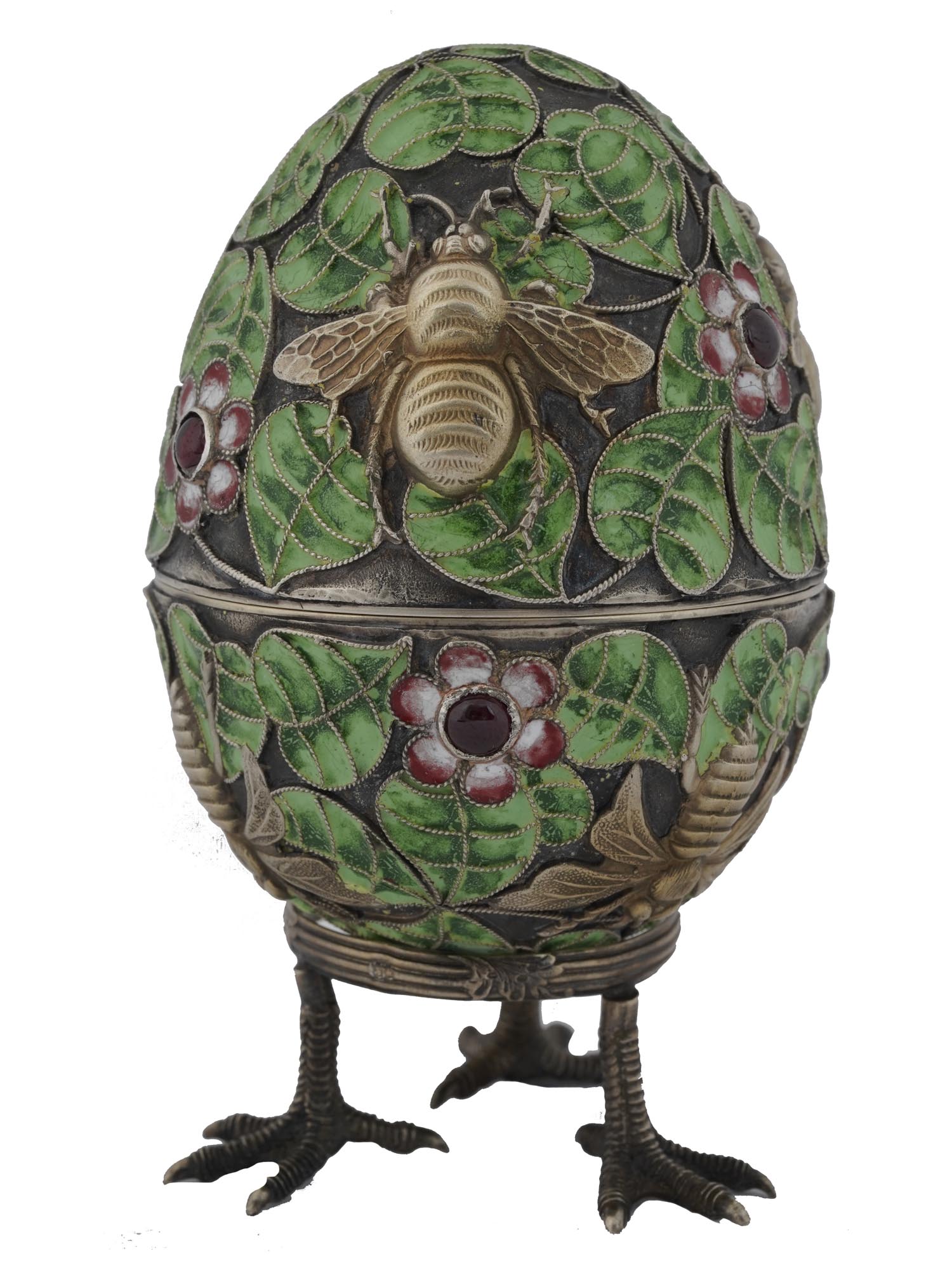 RUSSIAN BEES GILT SILVER ENAMEL EGG BOX W STAND PIC-4